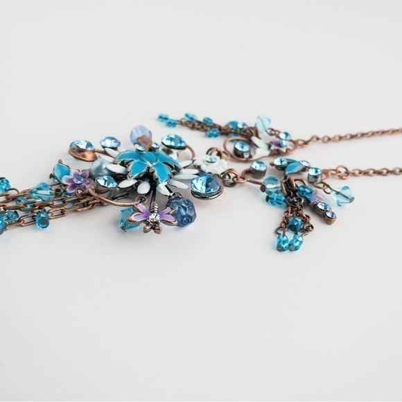 𝅺Copper Floral Pendant Necklace Statement Blue White Crystal Rhinestone Enamel - Picture 9 of 13